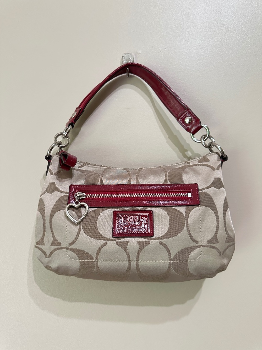 Coach POPPY Hobo Shoulder Bag Womens Small Brown Signature C Canvas Red Heart